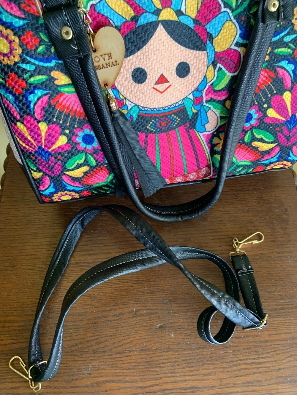 Embroidered  Mexican LeLe Folk Doll Satchel Tote or Shoulder Bag